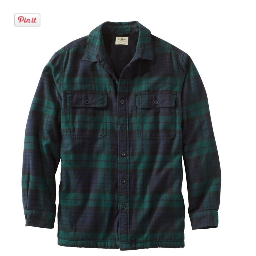 L.L. Bean Men's Green and Blue Plaid Fleece-Lined Flannel Shirt